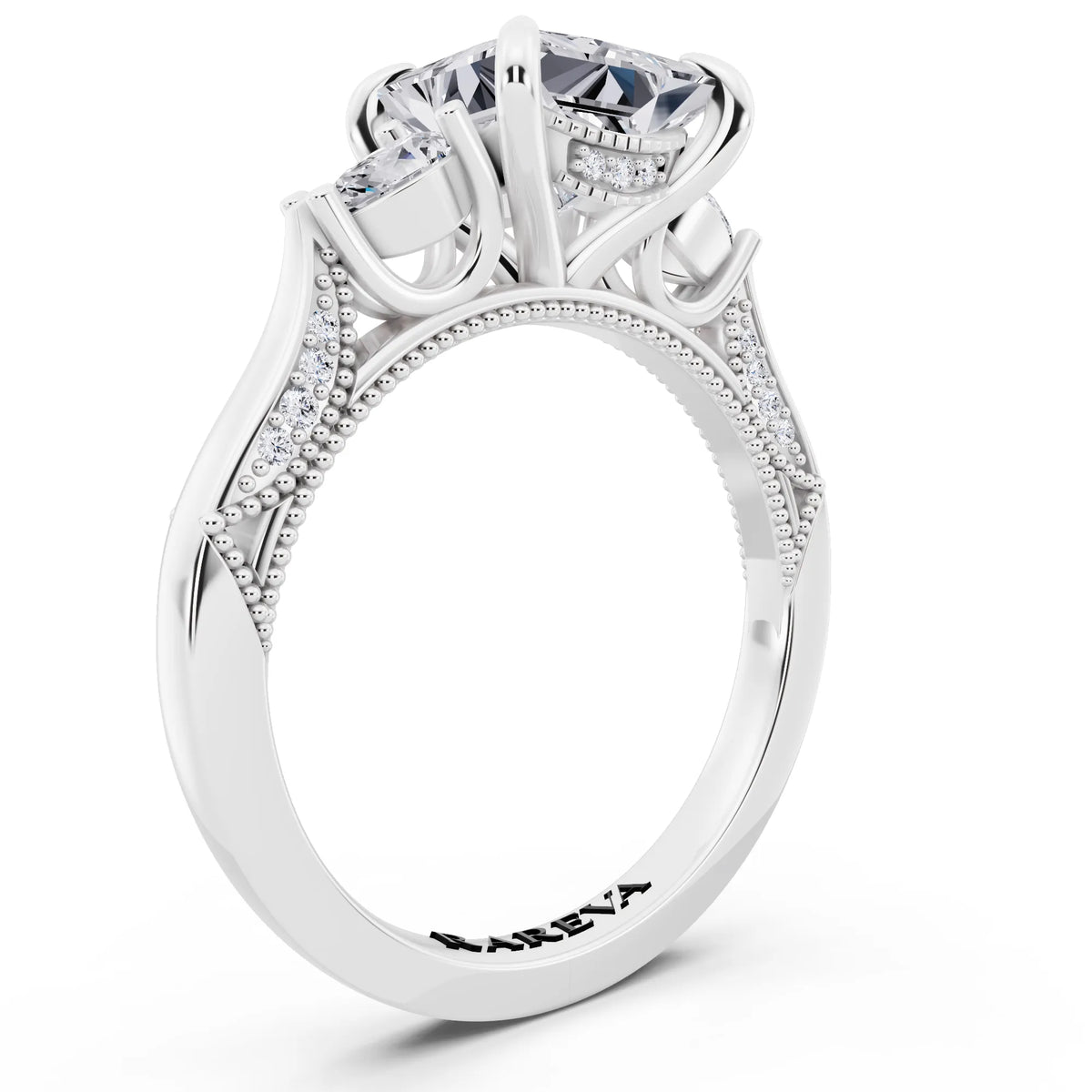 14 KT White Gold Princess Cut Diamond Three Stone Pear Accent Vintage Pave Ring - top view