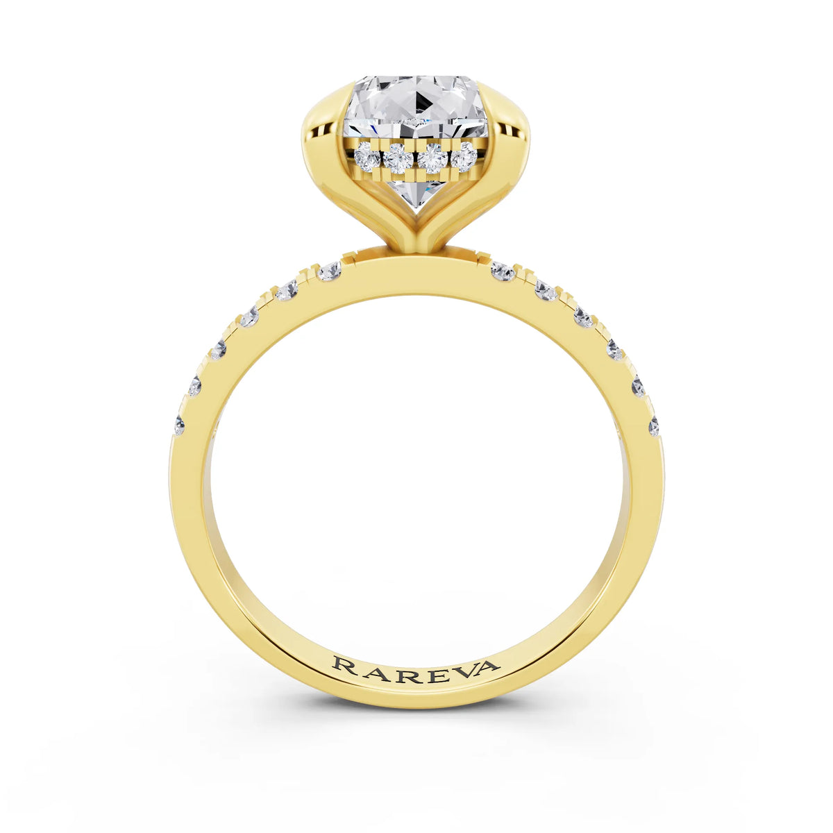 18 KT Yellow Gold Pear Cut Diamond Solitaire Ring with Round Pavé Band and Prong Setting - through finger