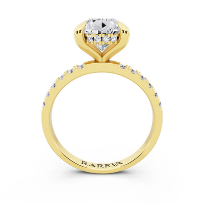 18 KT Yellow Gold Pear Cut Diamond Solitaire Ring with Round Pavé Band and Prong Setting - through finger