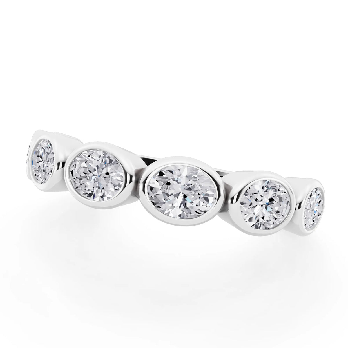 14K White Gold Seven Stone Oval Cut Bezel Set Diamond Half Eternity Wedding Band - 2mm - Close up