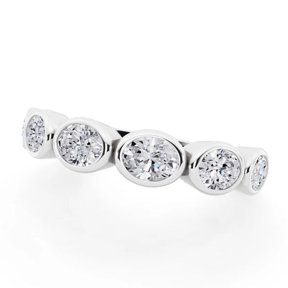 14K White Gold Seven Stone Oval Cut Bezel Set Diamond Half Eternity Wedding Band - 2mm - Close up