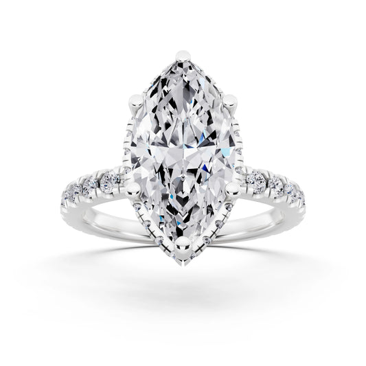 14 KT White Gold Marquise Cut Diamond Hidden Halo Ring with Pave Band - front view