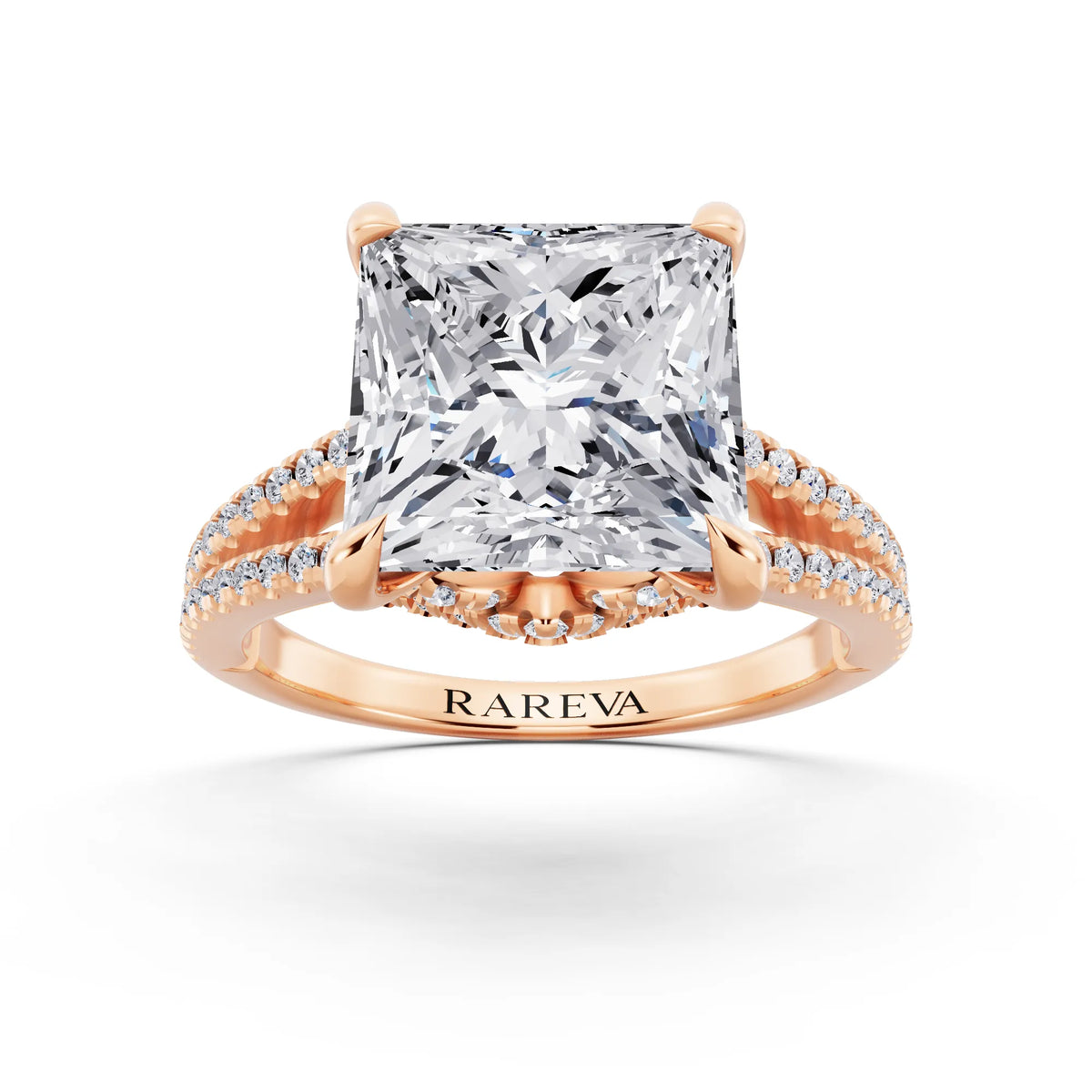 18 KT Rose Gold Princess Cut Diamond Ring with Pavé Split Shank - front view