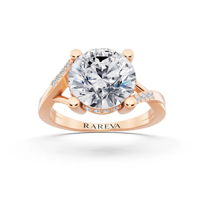 18 KT Rose Gold Round Cut Diamond Split Shank Engagement Ring with Hidden Halo - front view