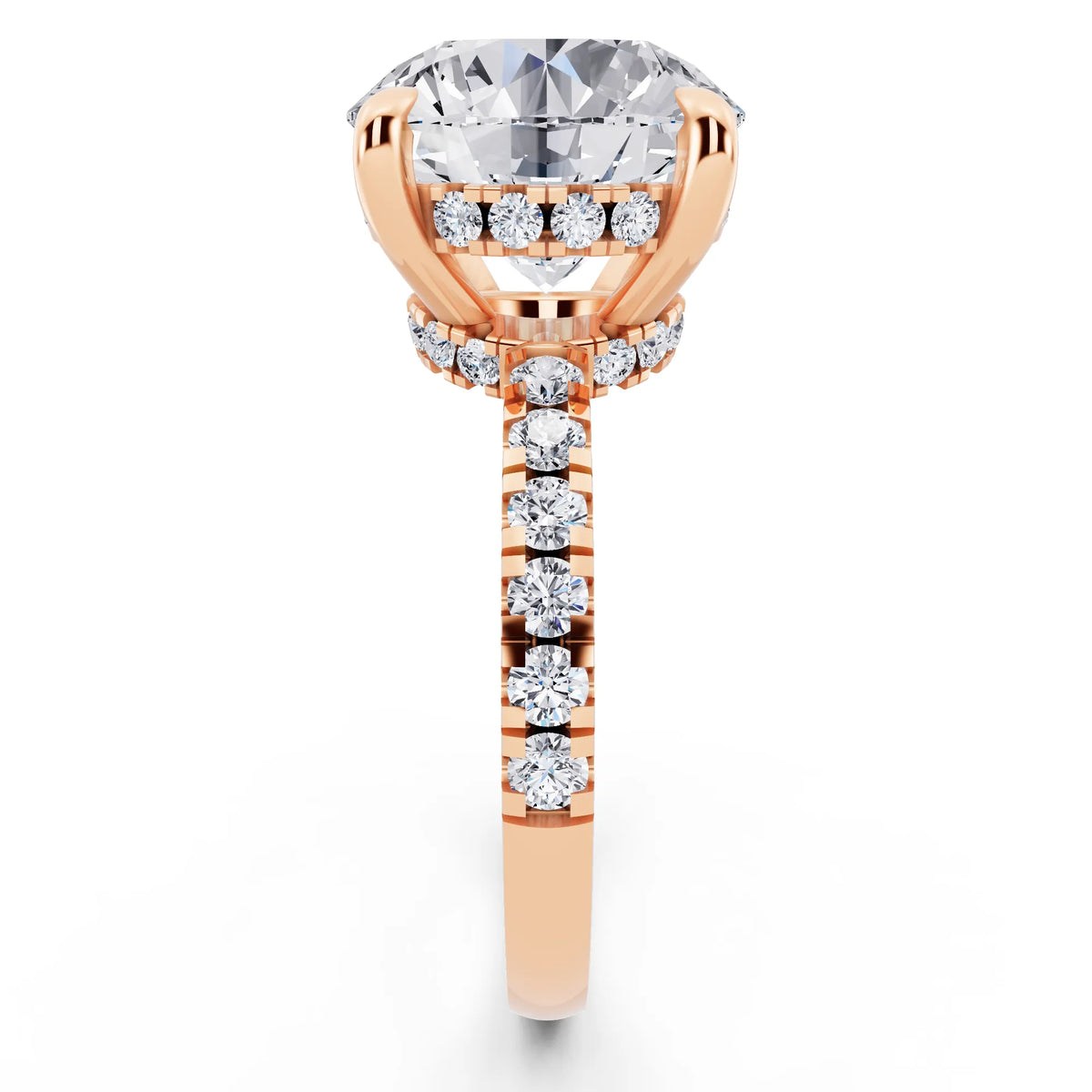 18 KT Rose Gold Round Cut Diamond Hidden Halo Tiger Prong Pave Band Ring - side view