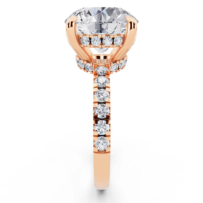 18 KT Rose Gold Round Cut Diamond Hidden Halo Tiger Prong Pave Band Ring - side view