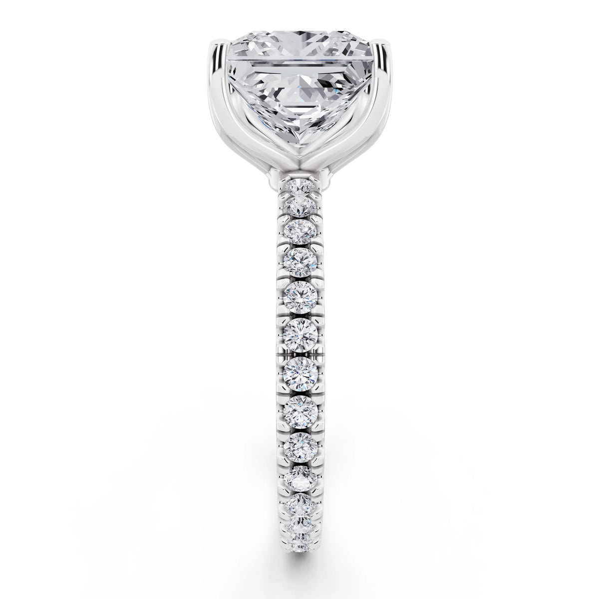 18 KT White Gold Princess Cut Diamond Solitaire Ring with Pave Eternity Band - side view