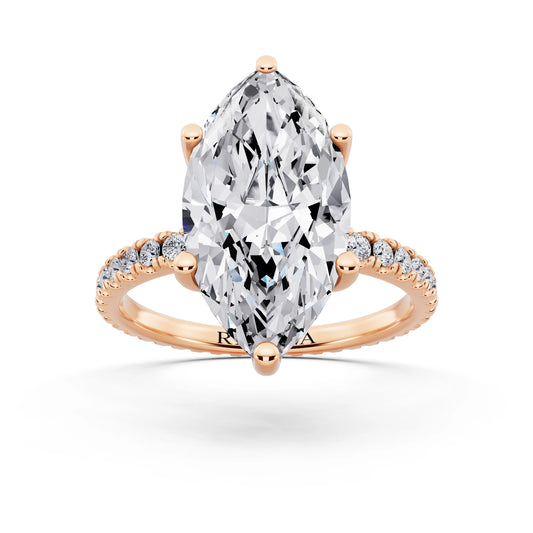 14 KT Rose Gold Marquise Cut Diamond Solitaire Ring with Pave Eternity Band - front view