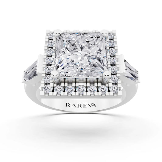 18 KT White Gold Princess Cut Diamond Halo Ring with Baguette Accents - front view
