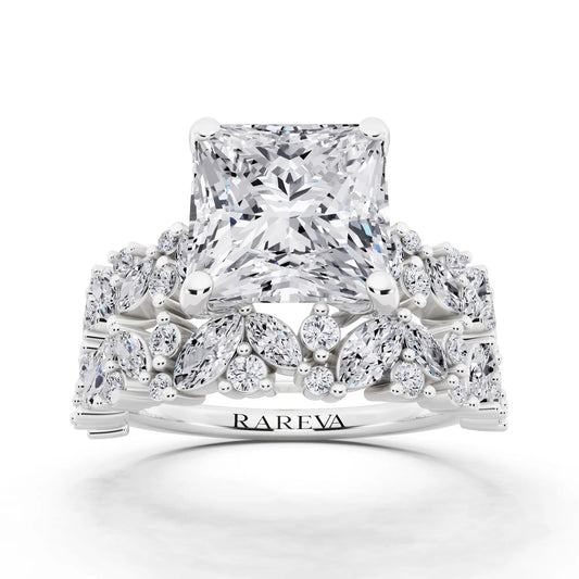Platinum Princess Cut Diamond Ring with Marquise Cluster Band - front view