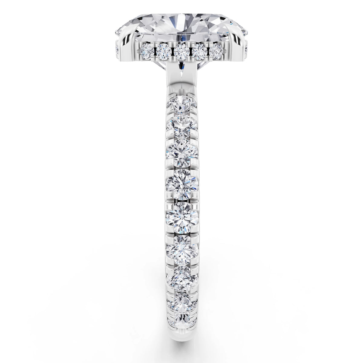 14 KT White Gold Oval Cut Diamond Solitaire Ring with Hidden Halo and French Pave Band - side view