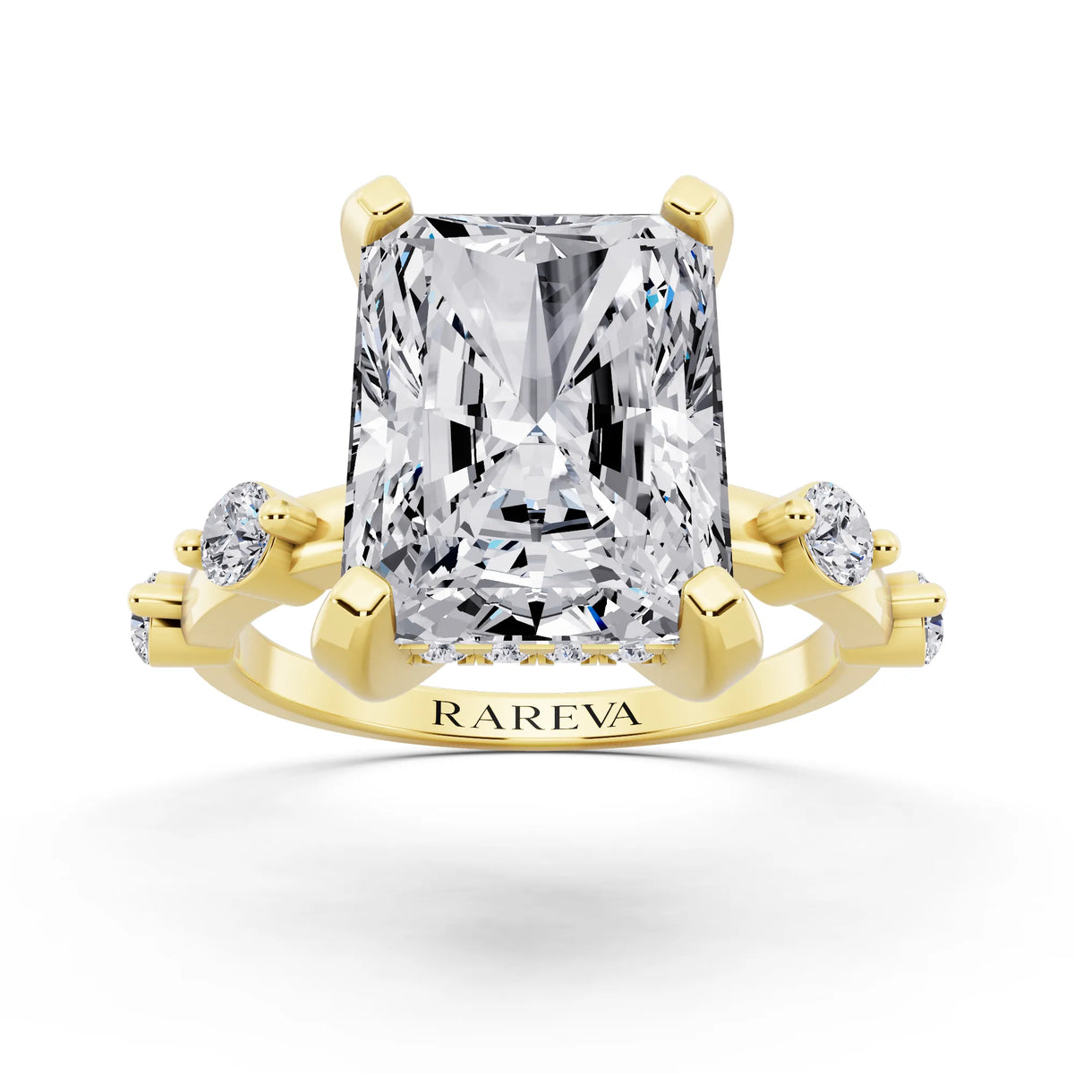 18 KT Yellow Gold Radiant Cut Diamond Solitaire Ring with Floating Diamond Accents - front view