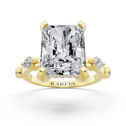 18 KT Yellow Gold Radiant Cut Diamond Solitaire Ring with Floating Diamond Accents - front view