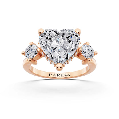 14 KT Rose Gold Heart Cut Diamond Three Stone Engagement Ring with Hidden Halo - front view