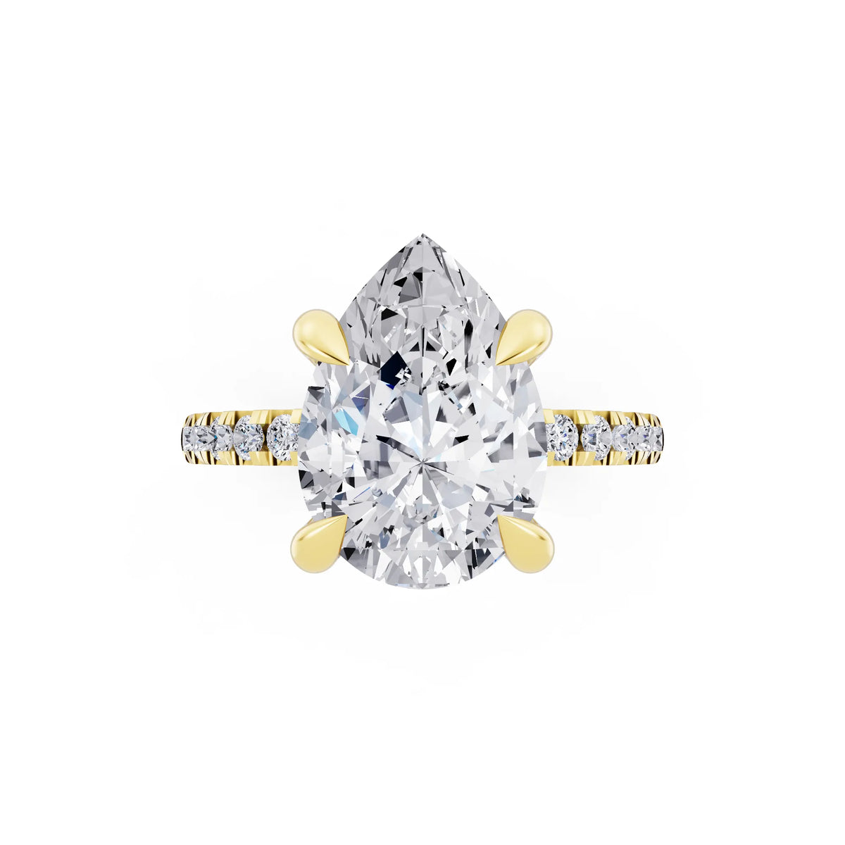 18 KT Yellow Gold Pear Cut Diamond Solitaire Ring with Round Pavé Band and Prong Setting - top angle