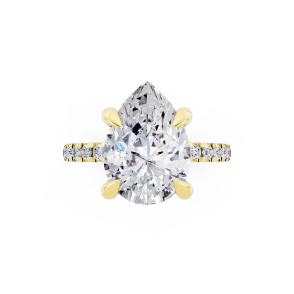 18 KT Yellow Gold Pear Cut Diamond Solitaire Ring with Round Pavé Band and Prong Setting - top angle