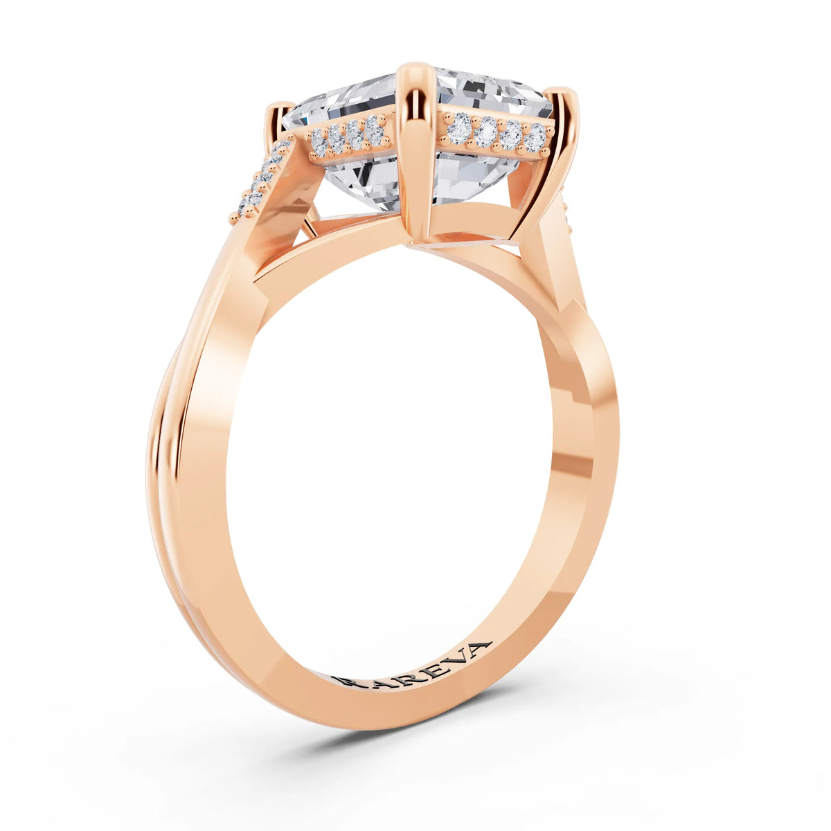 18 KT Rose Gold Emerald Cut Diamond Split Shank Engagement Ring with Hidden Halo - top view