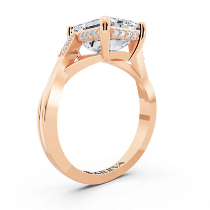 18 KT Rose Gold Emerald Cut Diamond Split Shank Engagement Ring with Hidden Halo - top view