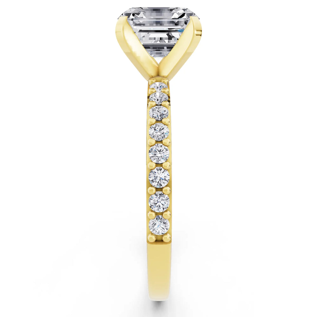 14 KT Yellow Gold Asscher Cut Diamond Solitaire Ring with Pave Shank - side view