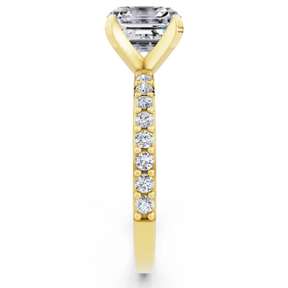 14 KT Yellow Gold Asscher Cut Diamond Solitaire Ring with Pave Shank - side view