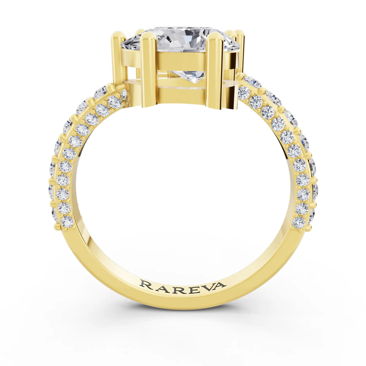 18 KT Yellow Gold Pear Cut Diamond Two Stone Ring with Pave Band - Through