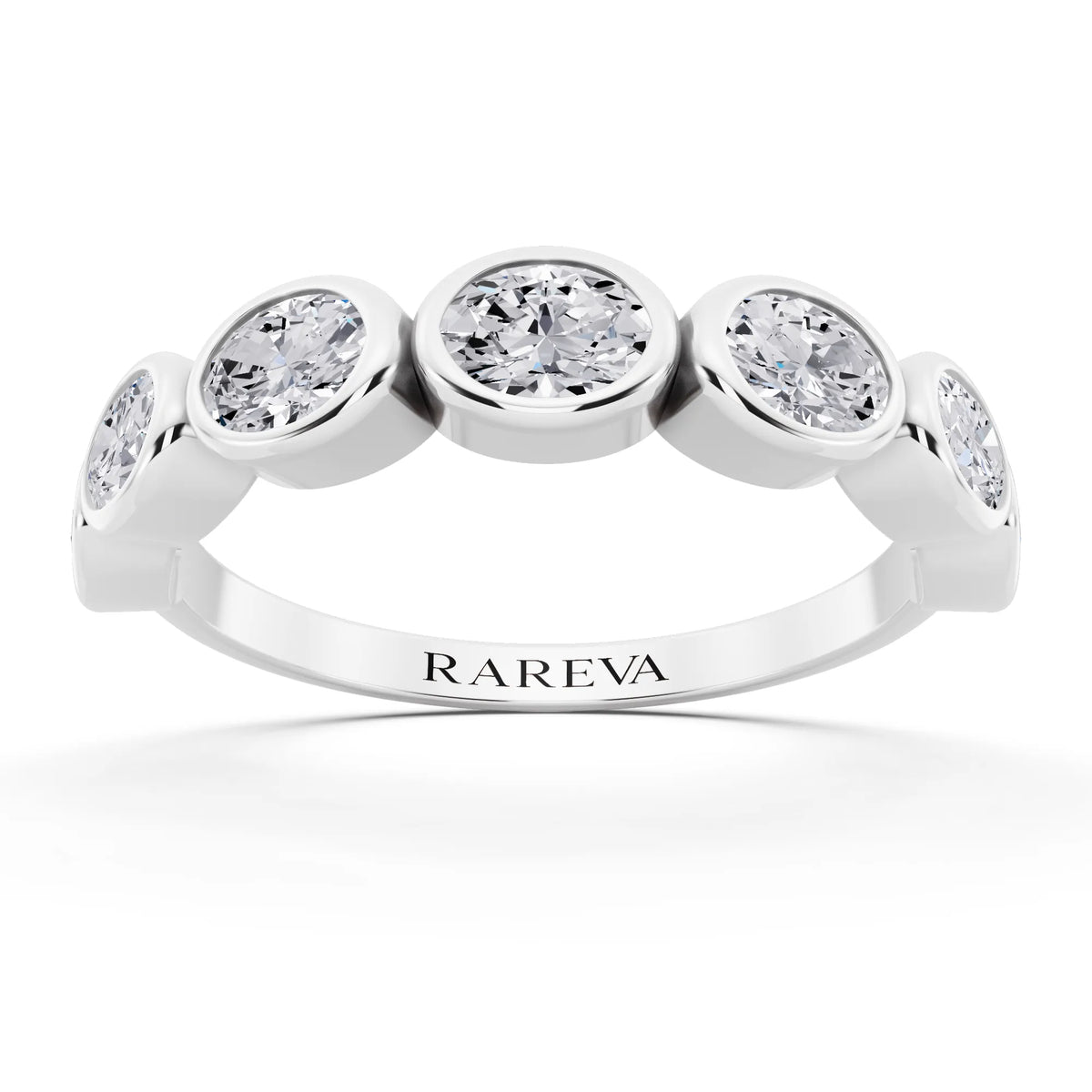 14K White Gold Seven Stone Oval Cut Bezel Set Diamond Half Eternity Wedding Band - 2mm - Front