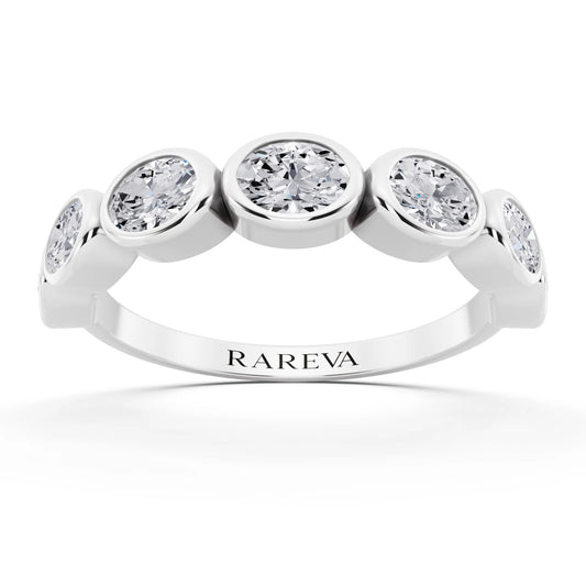 14K White Gold Seven Stone Oval Cut Bezel Set Diamond Half Eternity Wedding Band - 2mm - Front