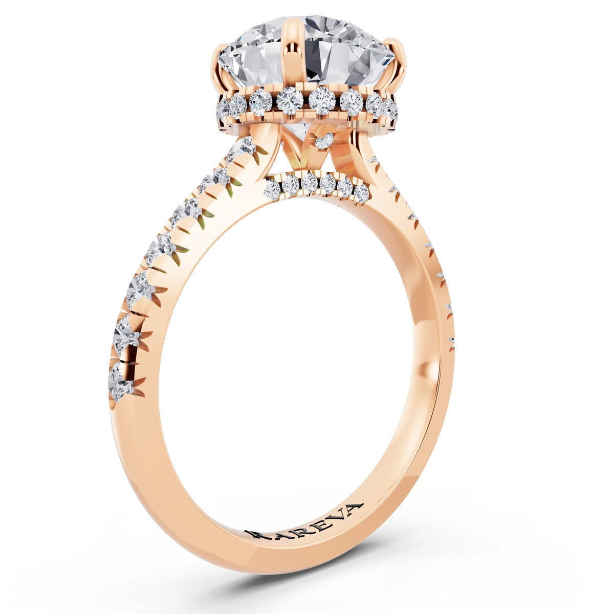 18 KT Rose Gold Round Cut Diamond Ring with Hidden Halo - top view