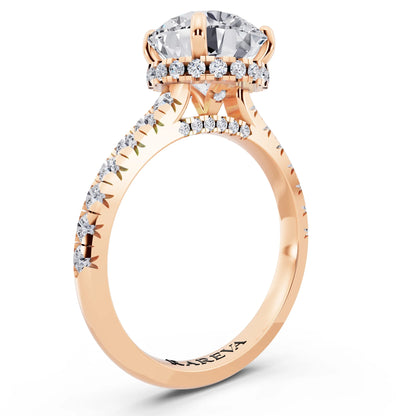 18 KT Rose Gold Round Cut Diamond Ring with Hidden Halo - top view