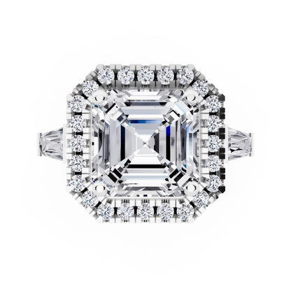14 KT White Gold Asscher Cut Diamond Halo Ring with Baguette Accents - top angle