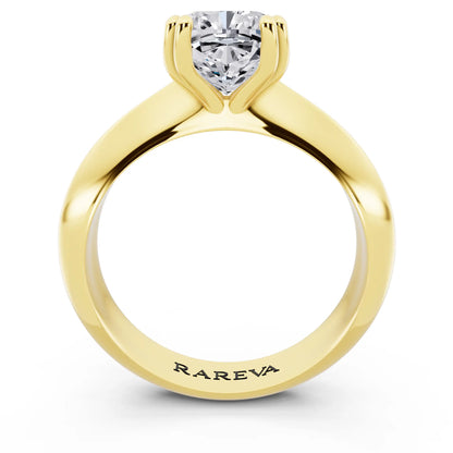 14 KT Yellow Gold Cushion Cut Diamond Solitaire Ring with Knife Edge Band - through finger