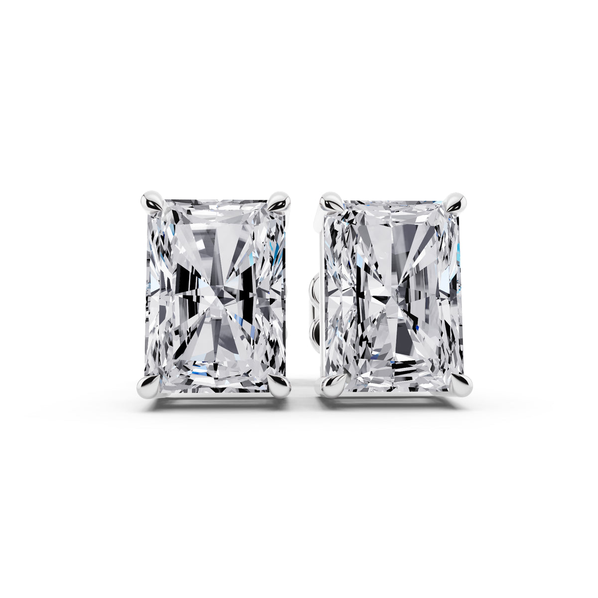 Radiant cut tiger-prong diamond stud earrings in silver, front view