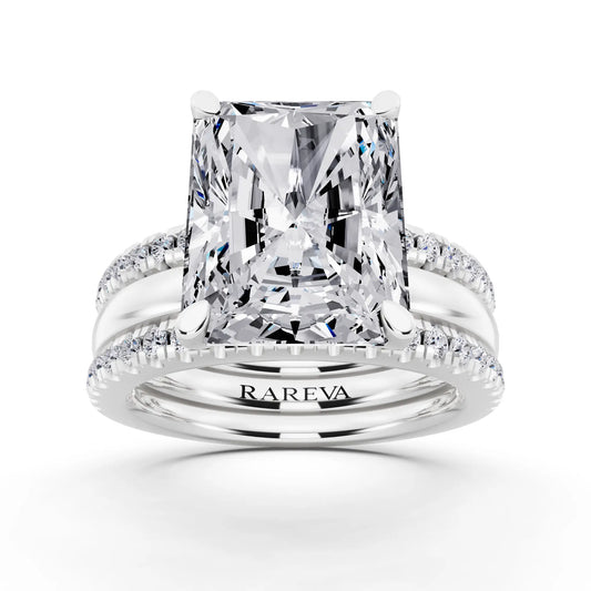 18 KT White Gold Radiant Cut Diamond Solitaire Twin Pave Band Stack Ring - front view