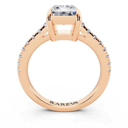 14 KT Rose Gold Radiant Cut Diamond Claw Prong Solitaire Ring with French Pave Band - through finger