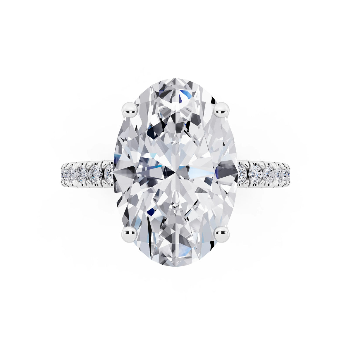 18 KT White Gold Oval Cut Diamond Solitaire Ring with Pave Eternity Band - top angle