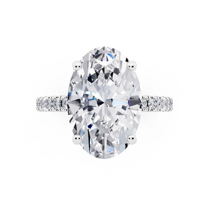 18 KT White Gold Oval Cut Diamond Solitaire Ring with Pave Eternity Band - top angle