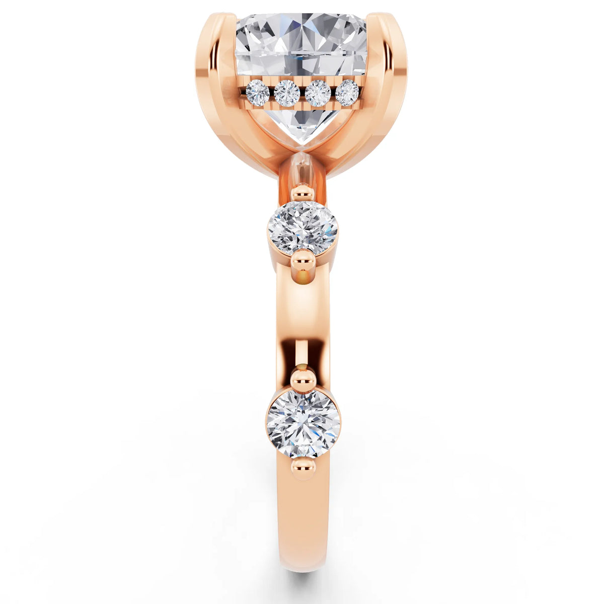 18 KT Rose Gold Round Cut Diamond Solitaire Ring with Floating Diamond Accents - side view