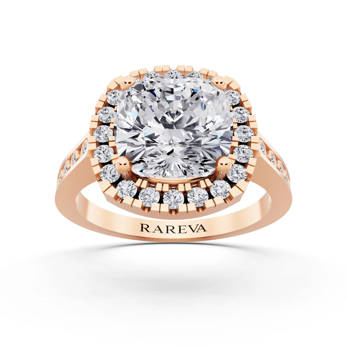 14 KT Rose Gold Cushion Cut Diamond Halo Ring with Bezel Accent Band - front view