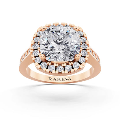 14 KT Rose Gold Cushion Cut Diamond Halo Ring with Bezel Accent Band - front view
