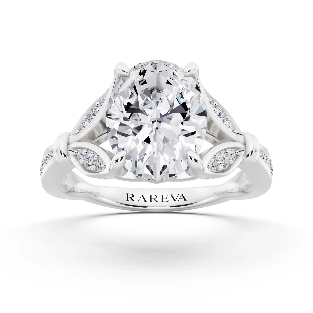 Platinum Oval Cut Diamond Ring with Lotus Collar - front view