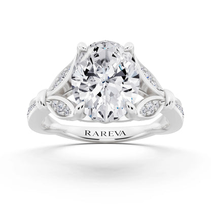 Platinum Oval Cut Diamond Ring with Lotus Collar - front view