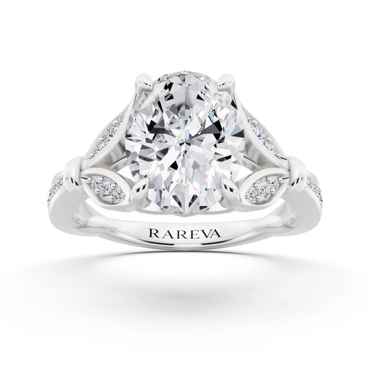 Platinum Oval Cut Diamond Ring with Lotus Collar - front view