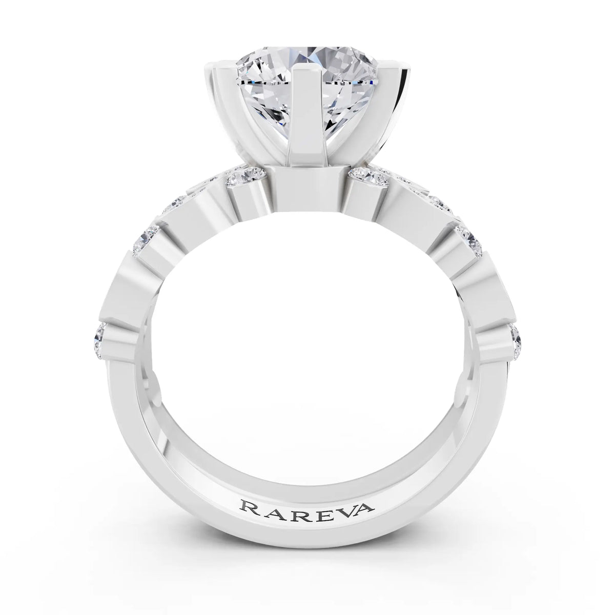 18 KT White Gold Round Cut Diamond Solitaire Ring with Marquise Motif Band - Through