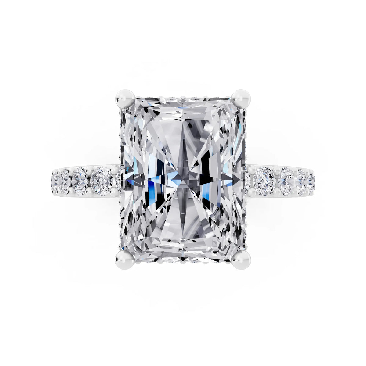 18 KT White Gold Radiant Cut Diamond Solitaire Ring with Hidden Halo and Pave Band - top angle
