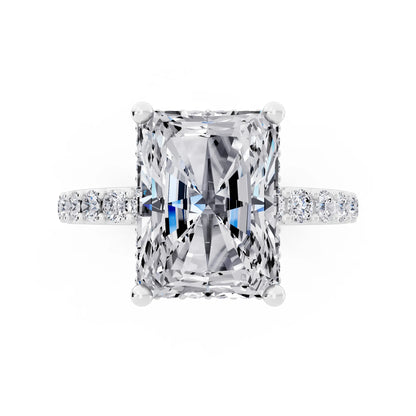 18 KT White Gold Radiant Cut Diamond Solitaire Ring with Hidden Halo and Pave Band - top angle