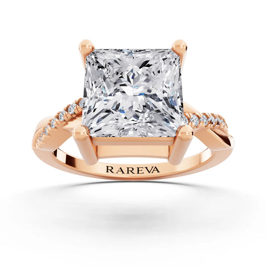 18 KT Rose Gold Princess Cut Diamond Solitaire Ring with Twisted Pave Band - Front