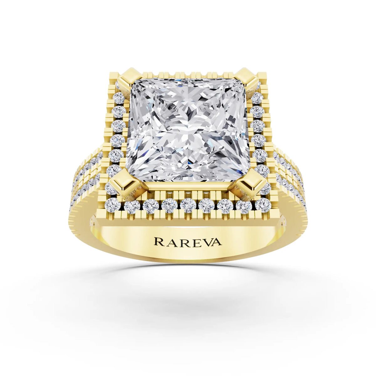 18 KT Yellow Gold Princess Cut Diamond Halo Ring with Twin Pave Band - front view