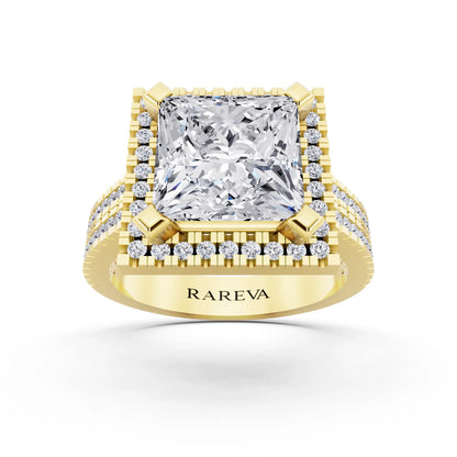 18 KT Yellow Gold Princess Cut Diamond Halo Ring with Twin Pave Band - front view
