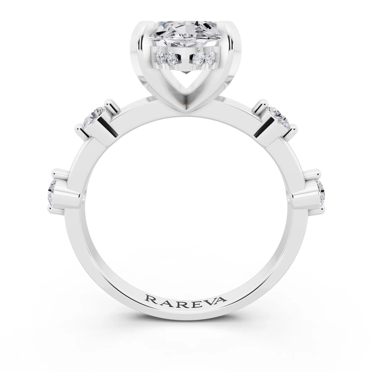Platinum Marquise Cut Diamond Solitaire Ring with Floating Diamond Accents - through finger