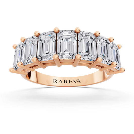 10K Rose Gold Seven Stone Emerald Cut Diamond Half Eternity Wedding Band - 2.2mm - Front